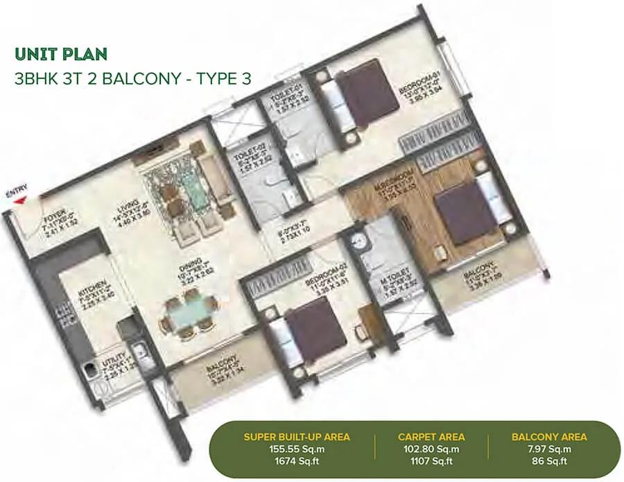 Brigade Calista 3 BHK floor plan, about 1,674 sq ft