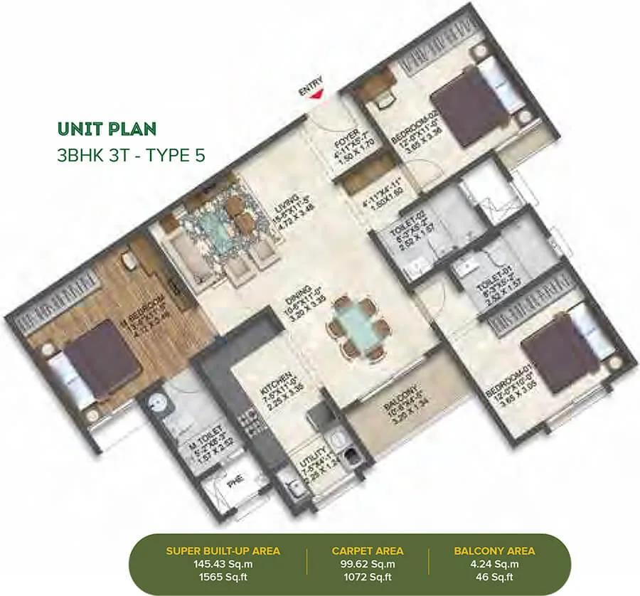 Brigade Calista 3 BHK floor plan, about 1,565 sq ft