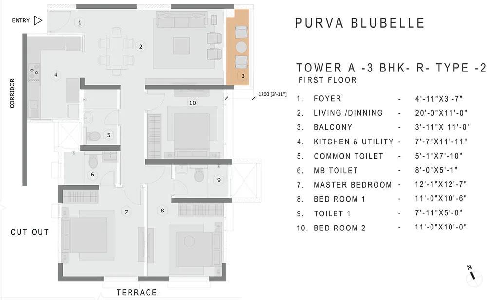 Purva Bluebelle 3 BHK floor plan