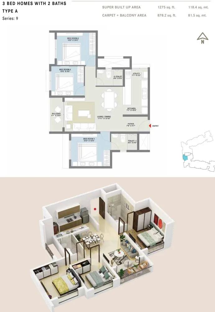 Century Codename New You 3 BHK floor plan, about 1,275 sq ft