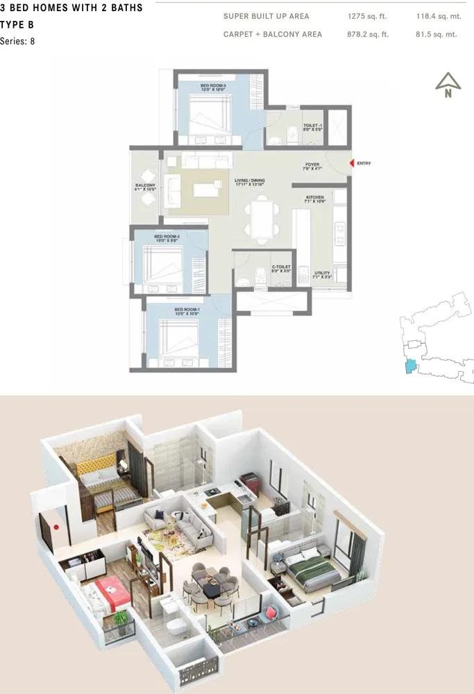 Century Codename New You 3 BHK floor plan, about 1,275 sq ft