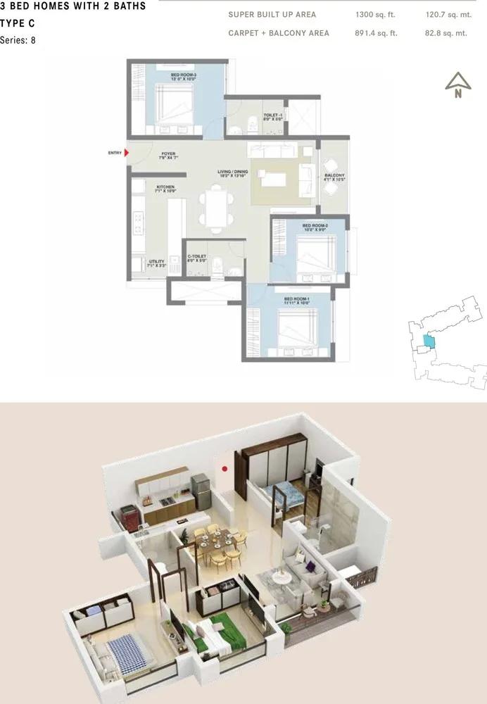 Century Codename New You 3 BHK floor plan, about 1,300 sq ft