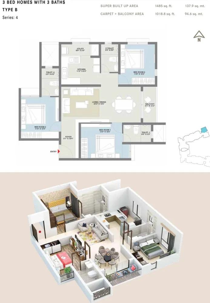 Century Codename New You 3 BHK floor plan, about 1,485 sq ft