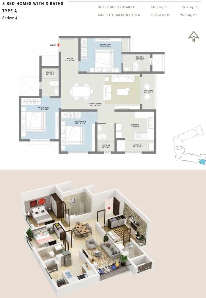 Century Codename New You 3 BHK floor plan, about 1,485 sq ft