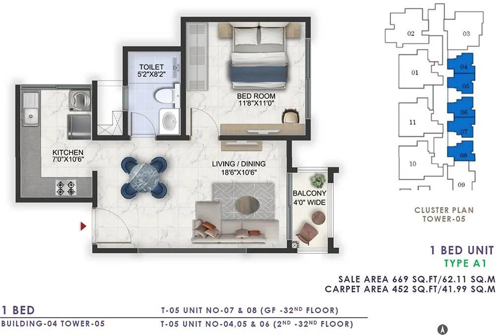 Prestige Lavender Fields 1 BHK floor plan, about 669 sq ft