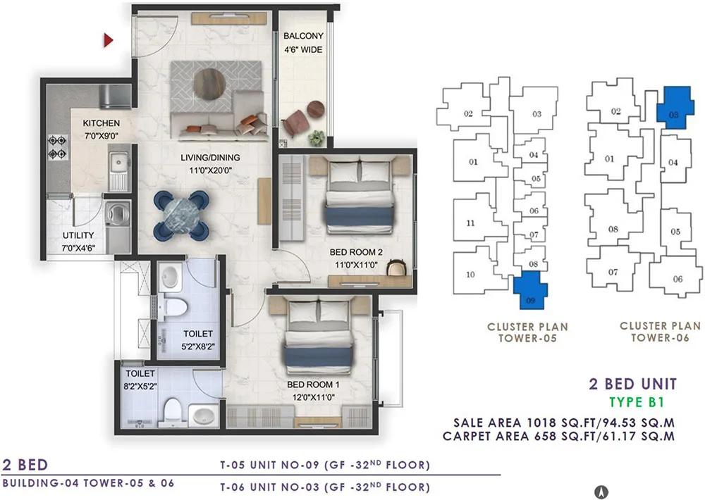 Prestige Lavender Fields 2 BHK floor plan, about 1,018 sq ft