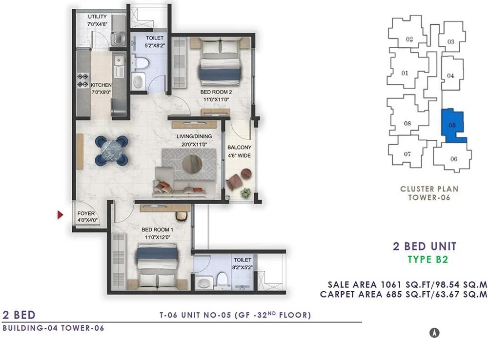 Prestige Lavender Fields 2 BHK floor plan, about 1,061 sq ft