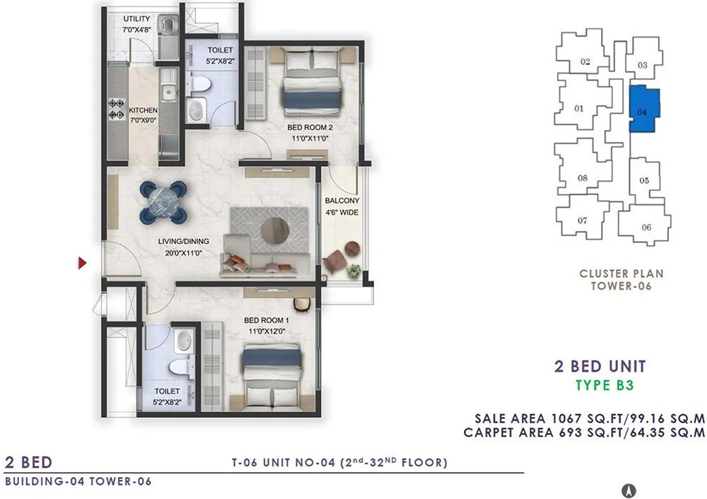 Prestige Lavender Fields 2 BHK floor plan, about 1,067 sq ft