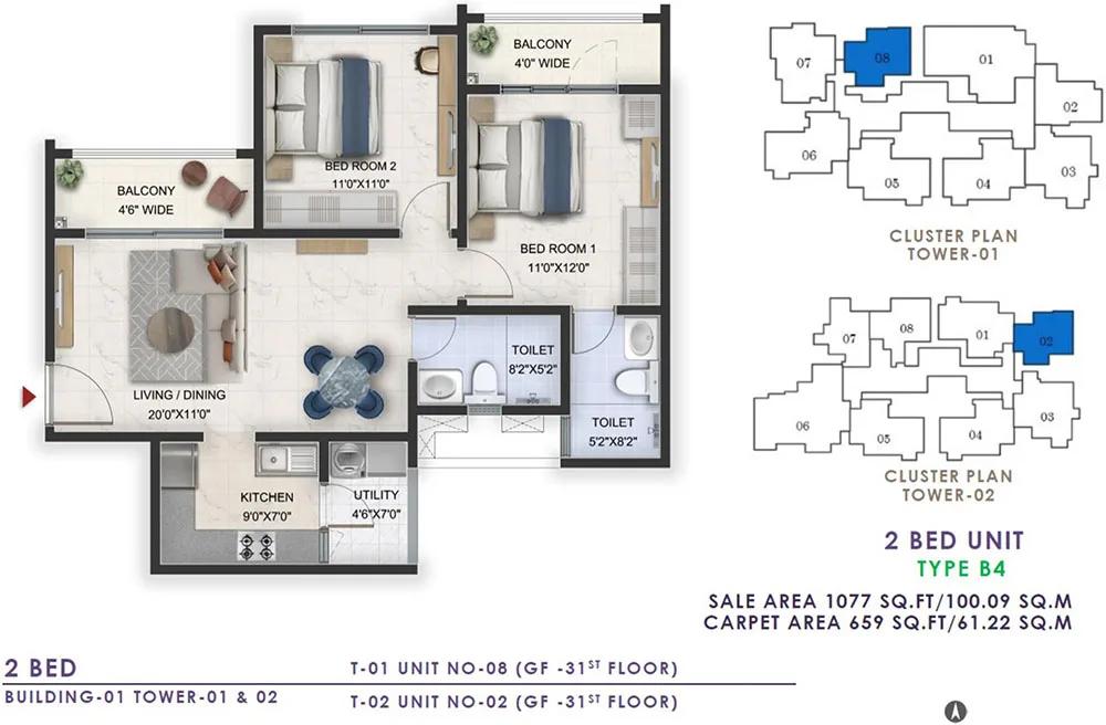 Prestige Lavender Fields 2 BHK floor plan, about 1,077 sq ft