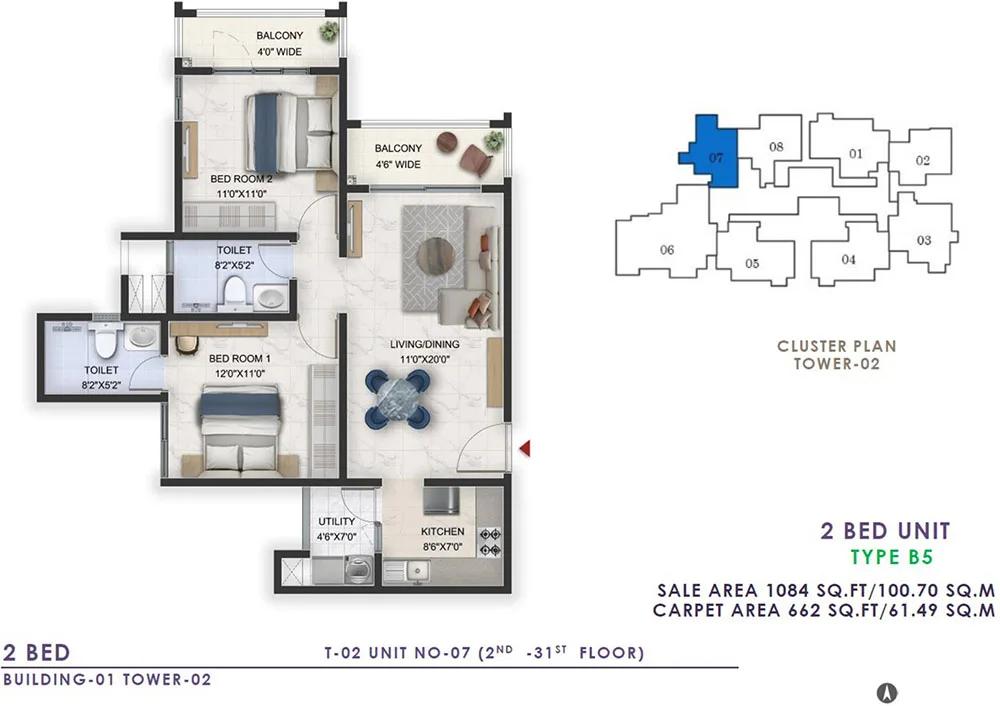 Prestige Lavender Fields 2 BHK floor plan, about 1,084 sq ft