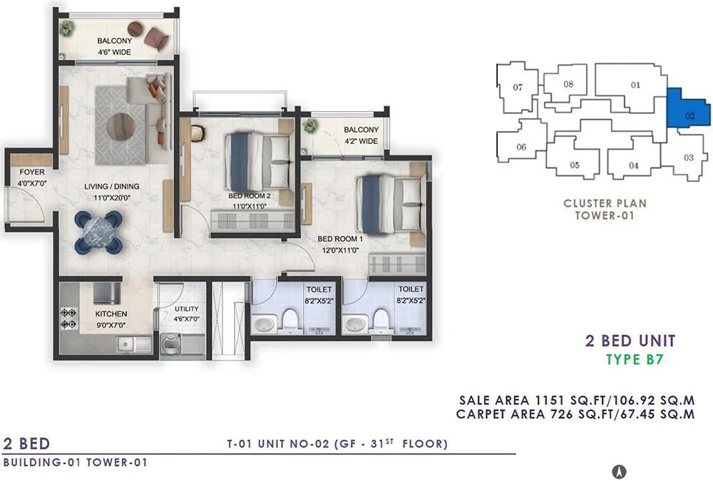 Prestige Lavender Fields 2 BHK floor plan, about 1,151 sq ft