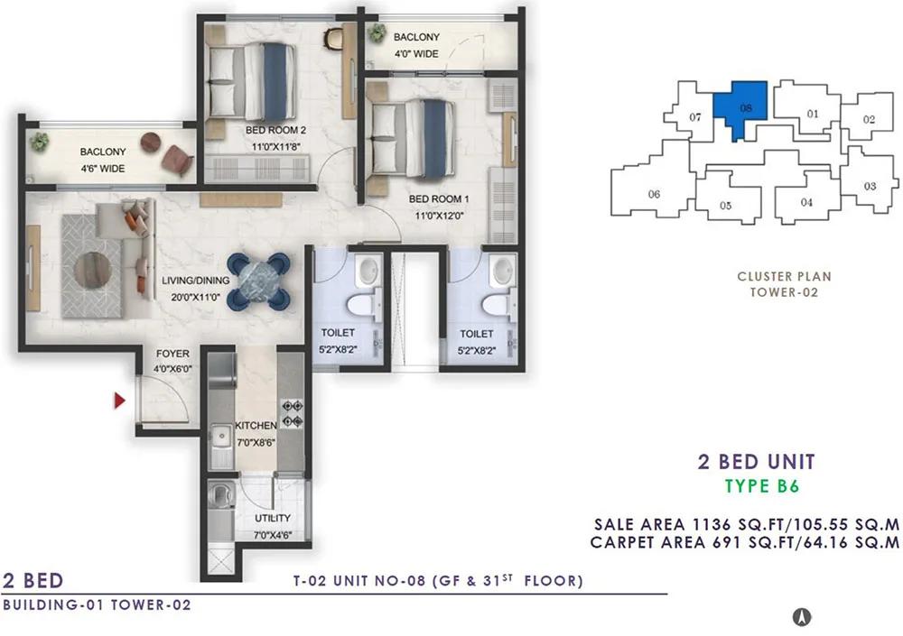 Prestige Lavender Fields 2 BHK floor plan, about 1,136 sq ft