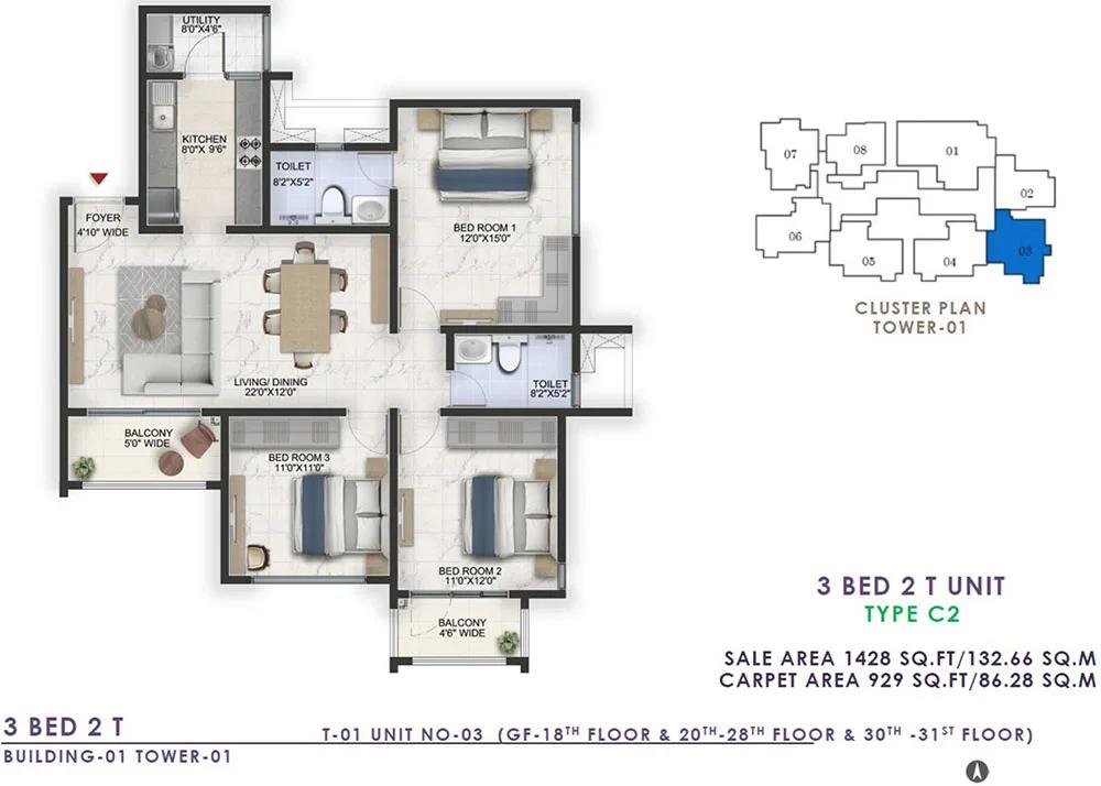 Prestige Lavender Fields 3 BHK floor plan, about 1,428 sq ft