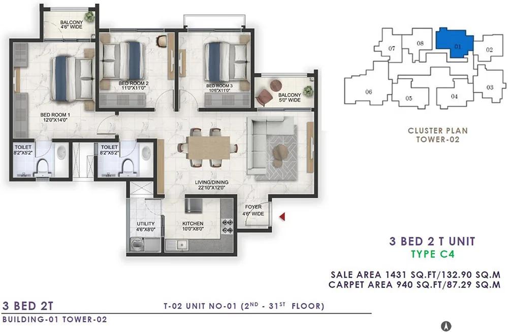 Prestige Lavender Fields 3 BHK floor plan, about 1,431 sq ft