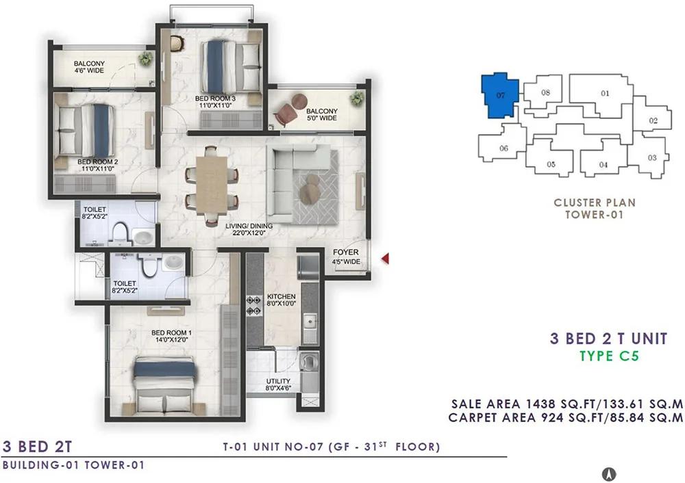 Prestige Lavender Fields 3 BHK floor plan, about 1,438 sq ft