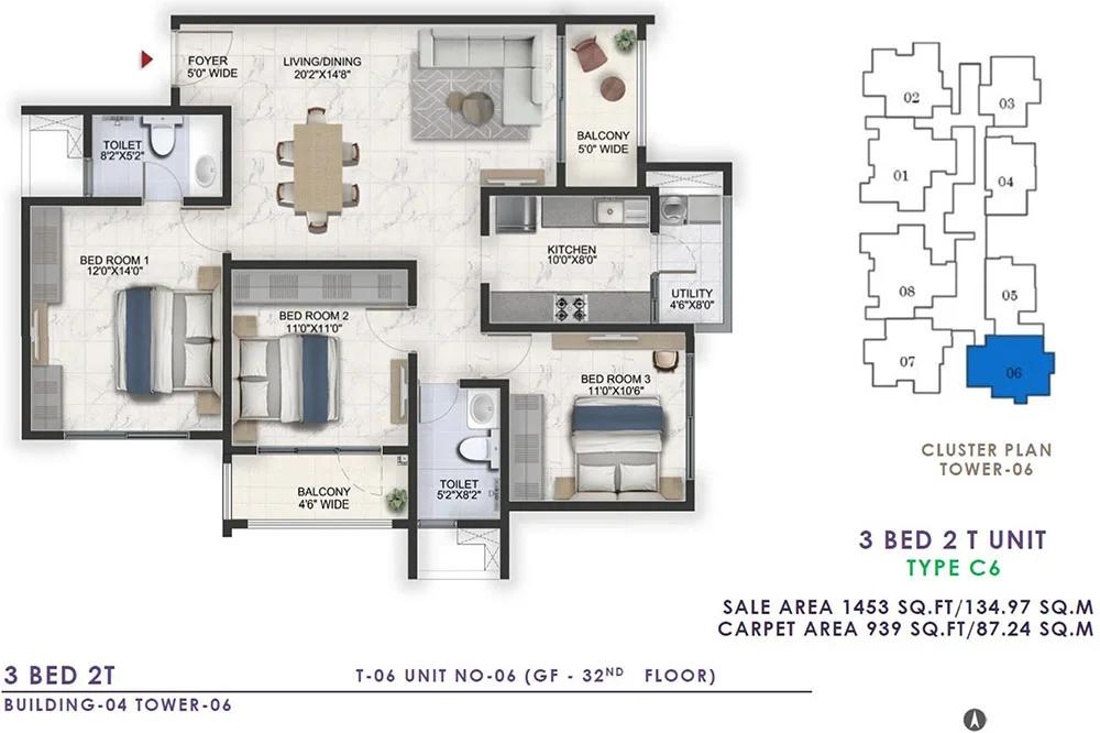 Prestige Lavender Fields 3 BHK floor plan, about 1,453 sq ft