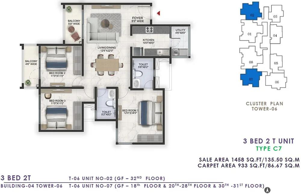 Prestige Lavender Fields 3 BHK floor plan, about 1,458 sq ft