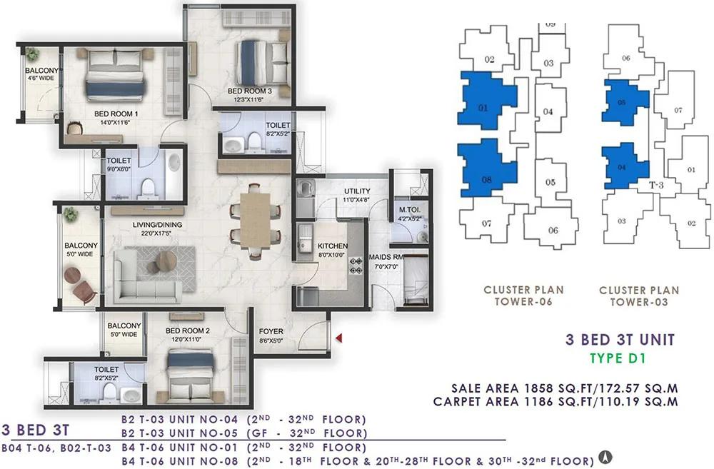 Prestige Lavender Fields 3 BHK floor plan, about 1,858 sq ft