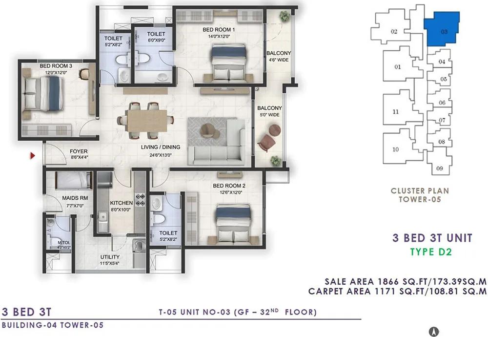Prestige Lavender Fields 3 BHK floor plan, about 1,866 sq ft