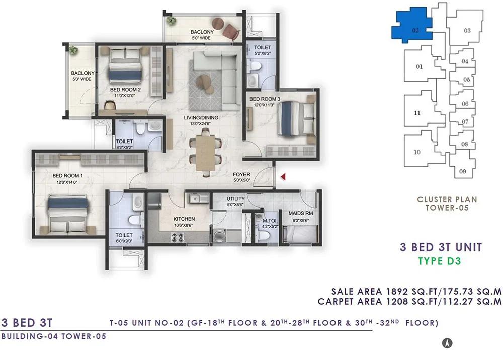 Prestige Lavender Fields 3 BHK floor plan, about 1,892 sq ft