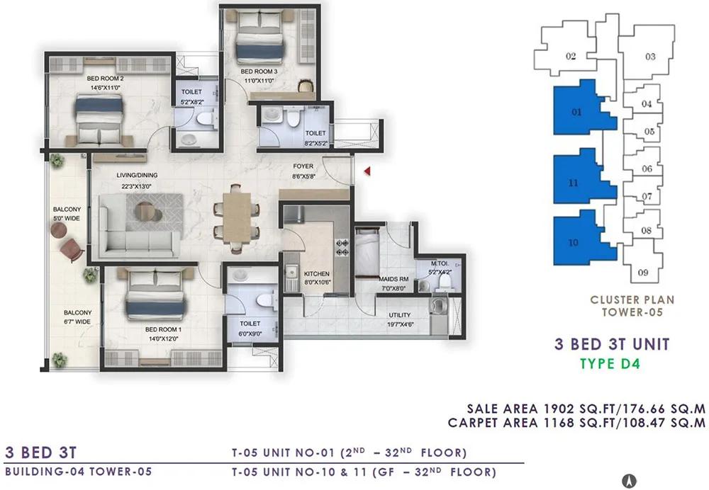Prestige Lavender Fields 3 BHK floor plan, about 1,902 sq ft