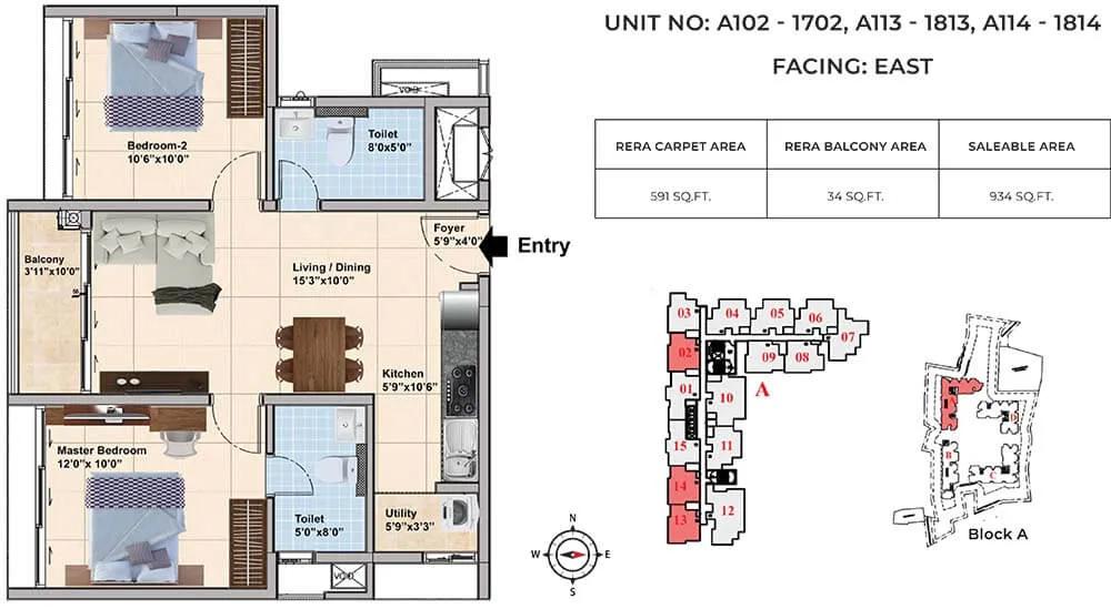 TVS Emerald Elements 2 BHK floor plan, about 934 sq ft