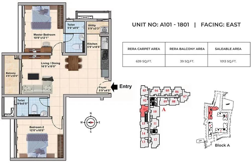 TVS Emerald Elements 2 BHK floor plan, about 1,013 sq ft