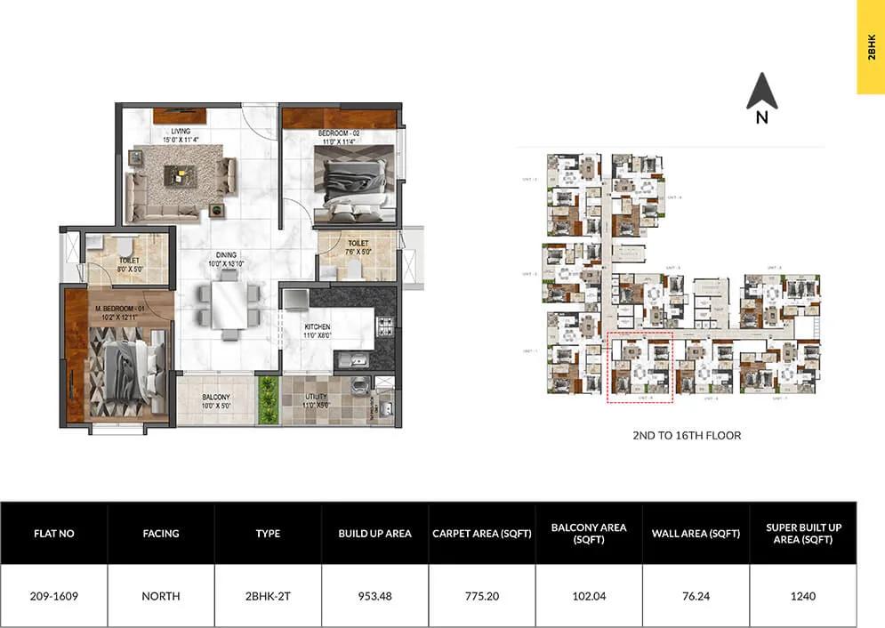 Mana Verdant 2 BHK floor plan, about 1,240 sq ft
