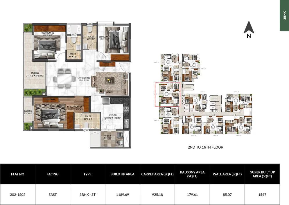 Mana Verdant 3 BHK floor plan, about 1,547 sq ft