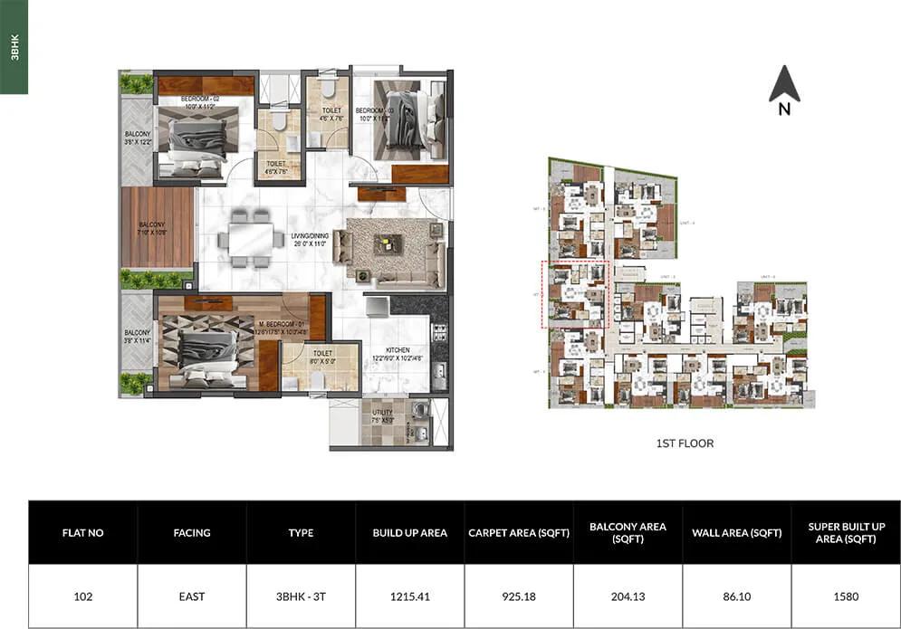 Mana Verdant 3 BHK floor plan, about 1,580 sq ft