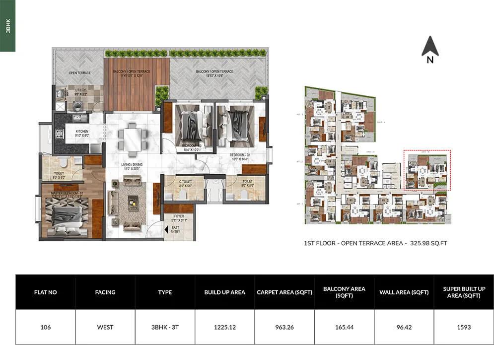 Mana Verdant 3 BHK floor plan, about 1,593 sq ft