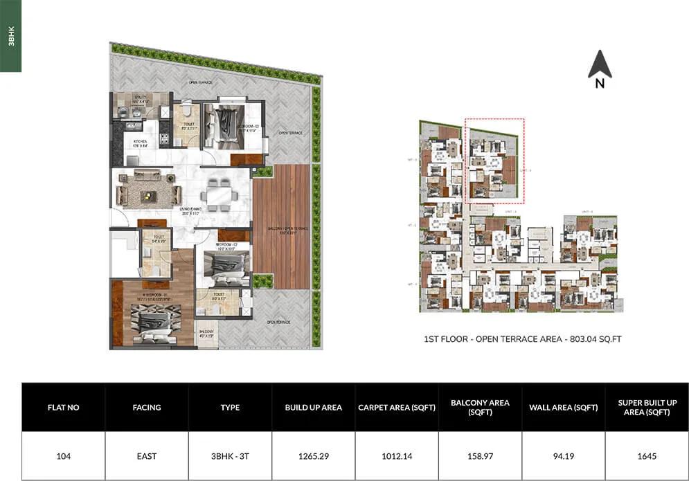 Mana Verdant 3 BHK floor plan, about 1,645 sq ft