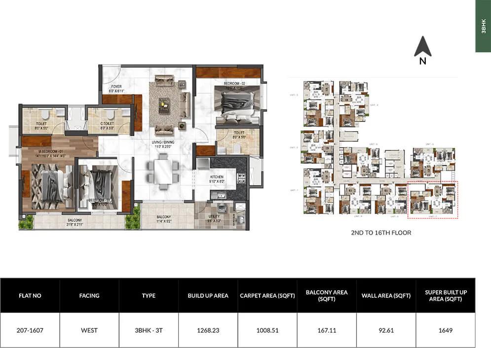 Mana Verdant 3 BHK floor plan, about 1,649 sq ft