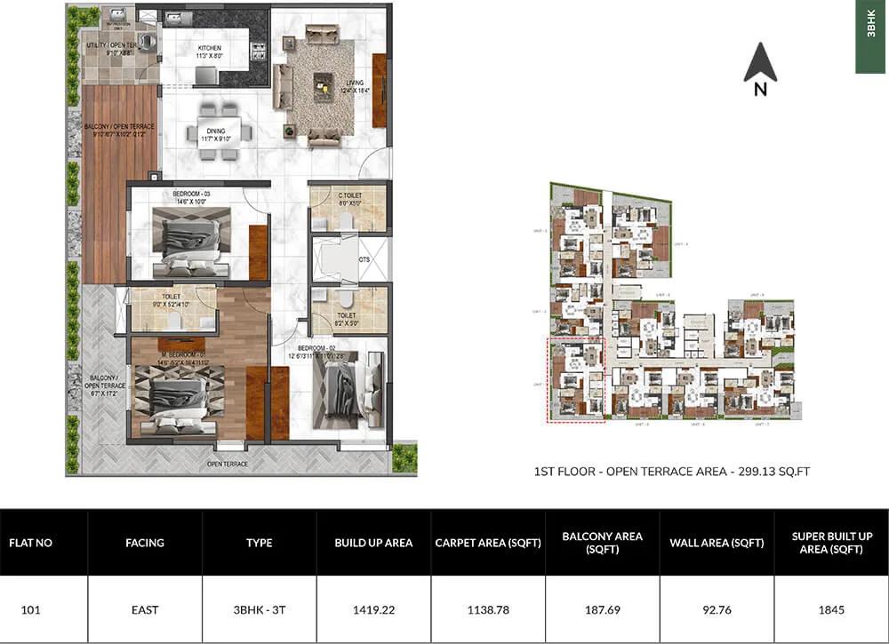 Mana Verdant 3 BHK floor plan, about 1,845 sq ft