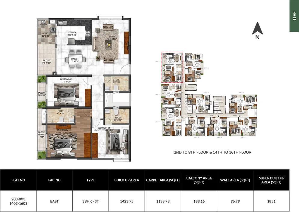 Mana Verdant 3 BHK floor plan, about 1,851 sq ft