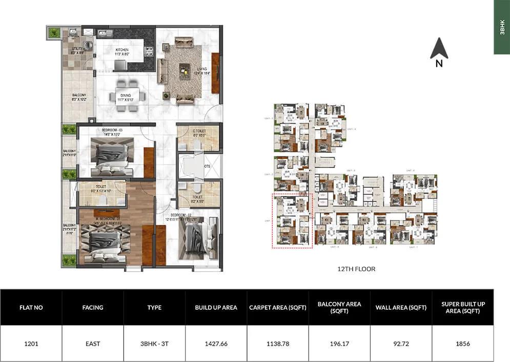 Mana Verdant 3 BHK floor plan, about 1,856 sq ft