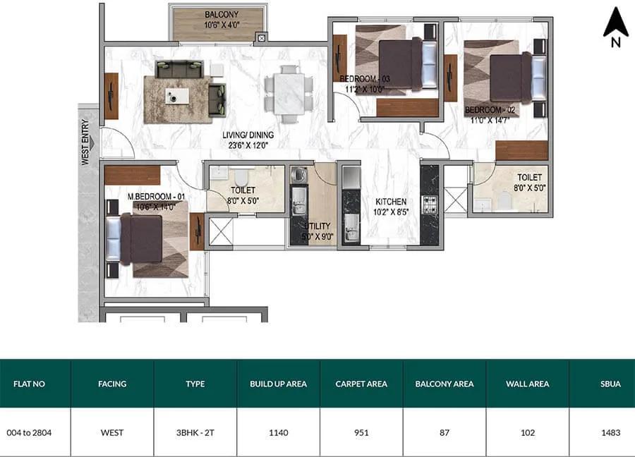 Mana Sarjapur Orchards 3 BHK floor plan, about 1,483 sq ft