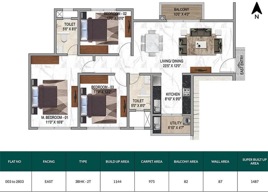 Mana Sarjapur Orchards 3 BHK floor plan, about 1,487 sq ft