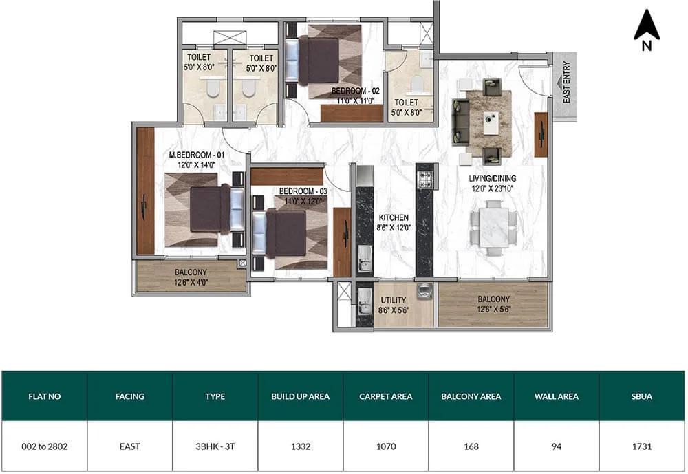 Mana Sarjapur Orchards 3 BHK floor plan, about 1,731 sq ft