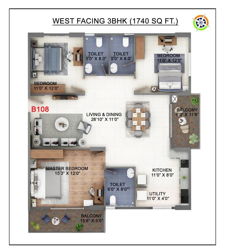 Abhee Kings Court 3 BHK floor plan, about 1,740 sq ft