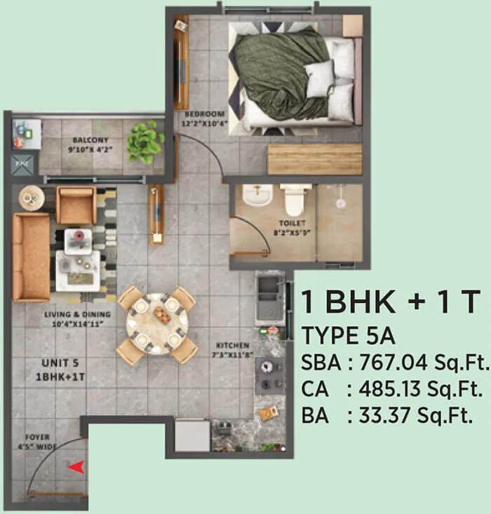 Sattva Forest Ridge 1 BHK floor plan, about 767 sq ft