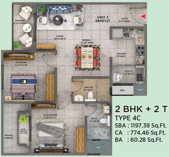 Sattva Forest Ridge 2 BHK floor plan, about 1,197 sq ft