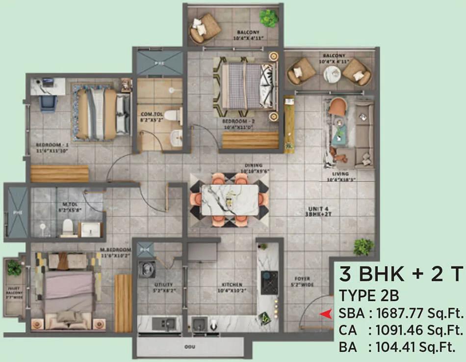 Sattva Forest Ridge 3 BHK floor plan, about 1,687 sq ft