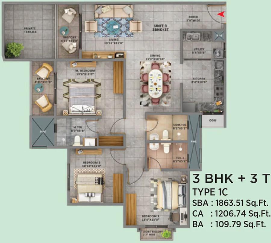 Sattva Forest Ridge 3 BHK floor plan, about 1,863 sq ft