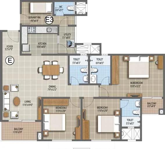 Purva Waves 3 BHK floor plan, about 1,804 sq ft