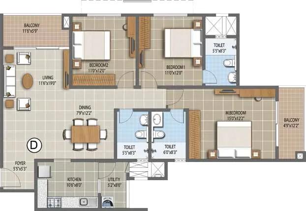 Purva Waves 3 BHK floor plan, about 1,679 sq ft