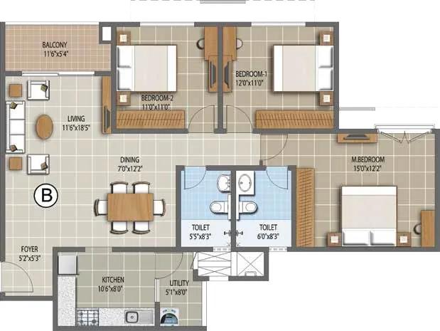 Purva Waves 3 BHK floor plan, about 1,482 sq ft