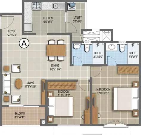 Purva Waves 2 BHK floor plan, about 1,232 sq ft