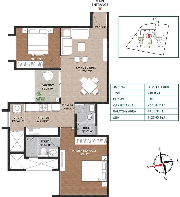 Concorde Neo 2 BHK floor plan, about 1,125 sq ft