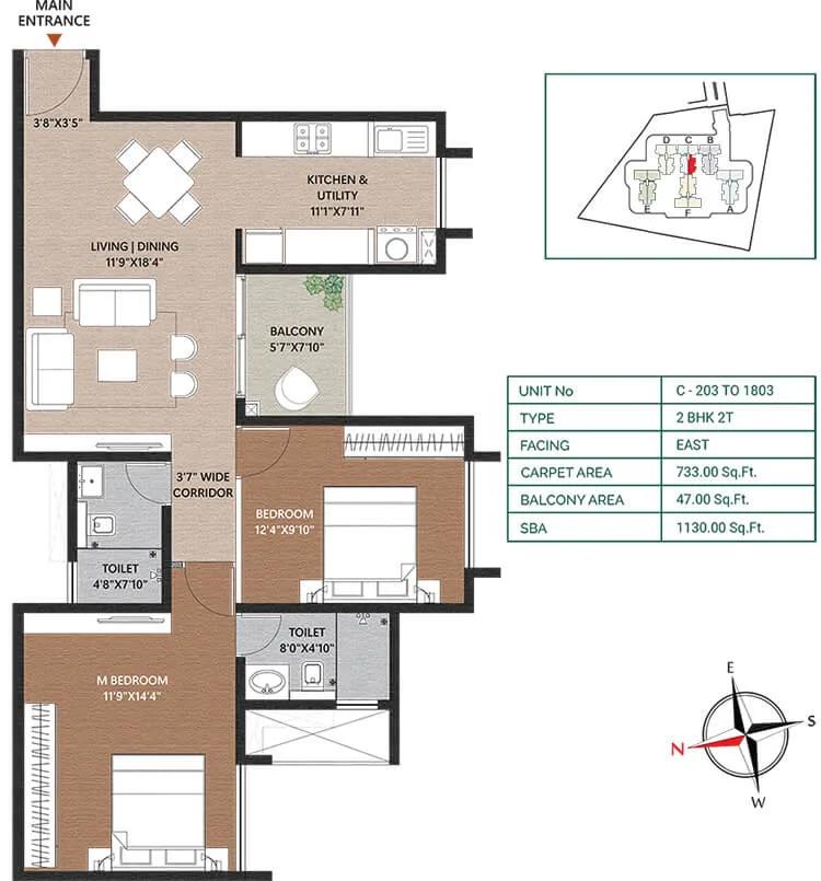Concorde Neo 2 BHK floor plan, about 1,130 sq ft
